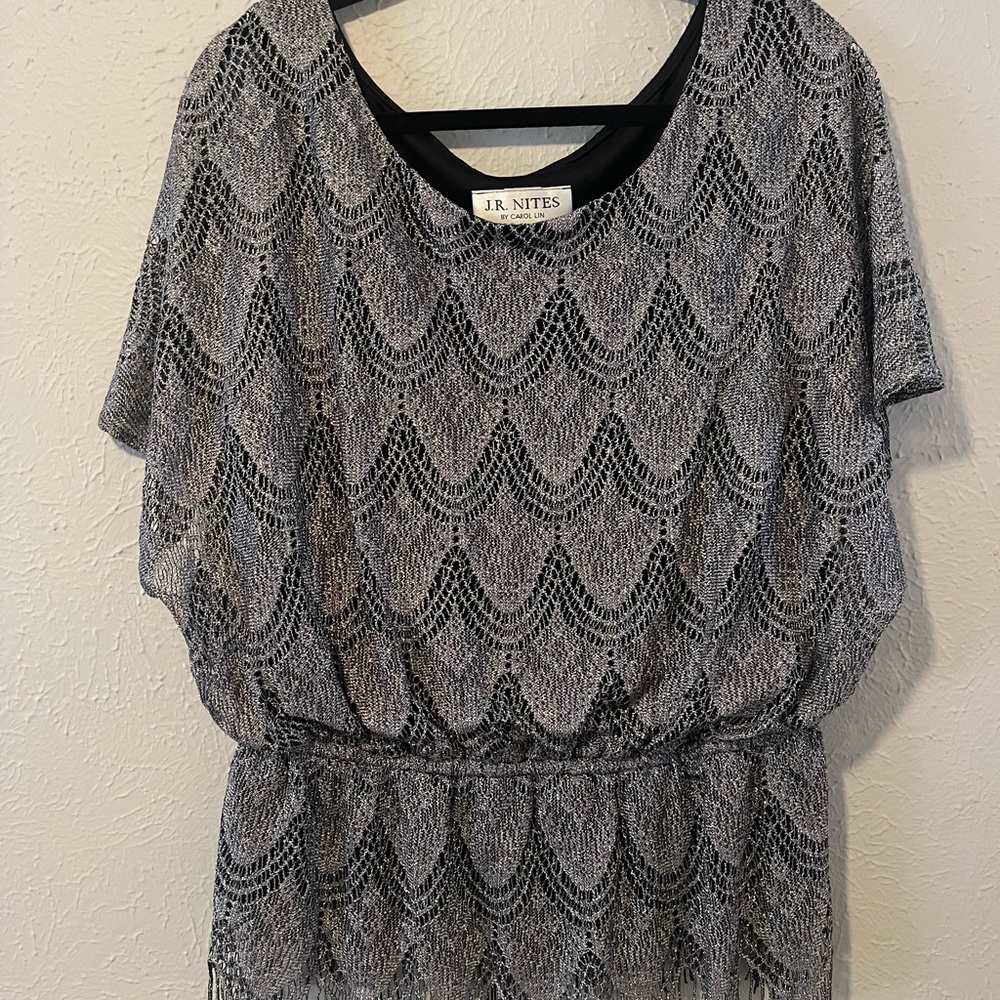 J.R. Notes by Carol Lin metallic lace blouse with fringe